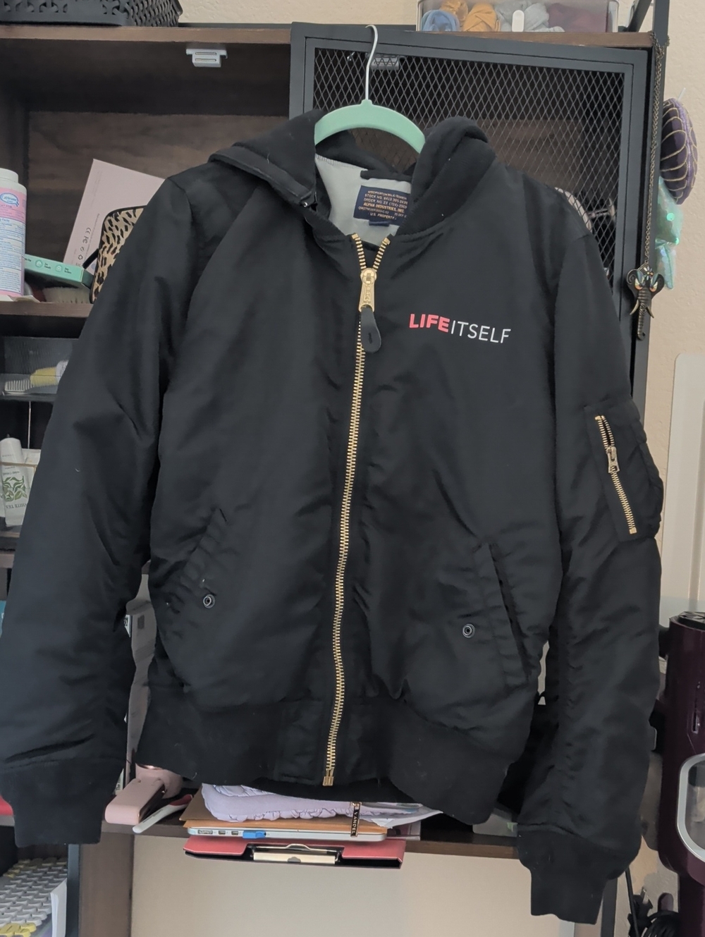 Alpha Industries Black Hooded Bomber Jacket with Gold Zipper